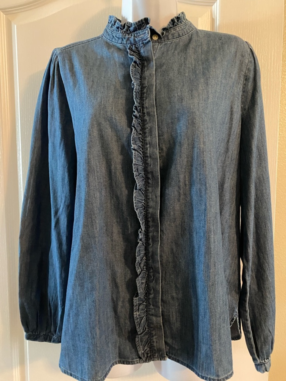 LOFT Indigo Ruffle-Front Chambray Shirt